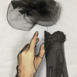 Siyah Nikah Şapkası Vualet Ve Siyah Dantelli Düğme Detaylı Gelin Eldiveni Takımı-KEPELDIVEN-1018