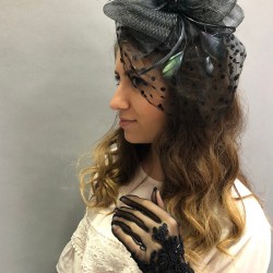 Siyah Puantiyeli Gelin Aksesuarı Vualet Ve Siyah Boncuklu Gelin Eldiven Takımı-KEPELDIVEN-1019