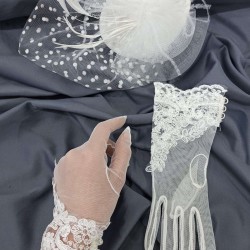 Beyaz Puantiyeli Vualet Gelin Aksesuarı Ve Beyaz Dantelli Düğmeli Gelin Eldiveni-KEPELDIVEN-1020