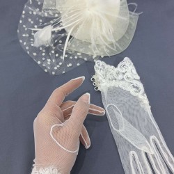 Krem Puantiyeli Vualet Gelin Aksesuarı Ve Krem Dantelli Düğmeli Gelin Eldiveni-KEPELDIVEN-1021
