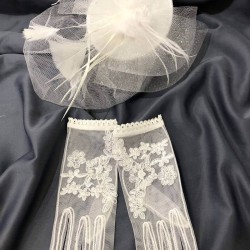 Beyaz Gelin Kepi Nikah Şapkası Ve Beyaz İşlemeli Gelin Eldiven Takımı-KEPELDIVEN-1023