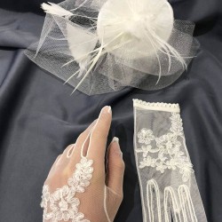 Beyaz Gelin Kepi Nikah Şapkası Ve Beyaz İşlemeli Gelin Eldiven Takımı-KEPELDIVEN-1023