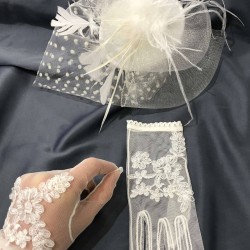 Beyaz Puantiyeli Vualet Ve Beyaz Boncuk İşlemeli Gelin Eldiven Takımı-KEPELDIVEN-1024