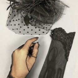 Siyah Nikah Kepi Vualet Ve Siyah Dantelli Düğmeli Gelin Eldiven Takımı-KEPELDIVEN-1025