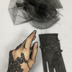 Siyah Nikah Şapkası Vualet Ve Siyah Boncuk Detaylı Gelin Eldiven Takımı-KEPELDIVEN-1026