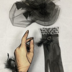 Siyah Nikah Şapkası Gelin Aksesuarı Ve Siyah Puantiyeli Tüylü Gelin Eldiveni-KEPELDIVEN-1027