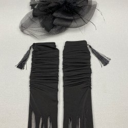 Siyah Nikah Şapkası Vualet Ve Siyah Uzun Püsküllü Gelin Eldiveni Takımı-KEPELDIVEN-1028