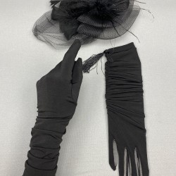 Siyah Nikah Şapkası Vualet Ve Siyah Uzun Püsküllü Gelin Eldiveni Takımı-KEPELDIVEN-1028