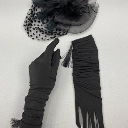 Siyah Puantiyeli Nikah Şapkası Vualet Ve Siyah Uzun Püsküllü Gelin Eldiveni Takımı-KEPELDIVEN-1029