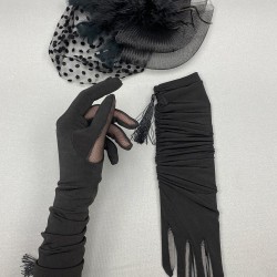 Siyah Puantiyeli Nikah Şapkası Vualet Ve Siyah Uzun Püsküllü Gelin Eldiveni Takımı-KEPELDIVEN-1029