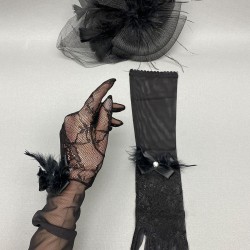 Siyah Düz Nikah Şapkası Gelin Aksesuarı Ve Siyah Uzun Dantelli Gelin Eldiveni-KEPELDIVEN-1030