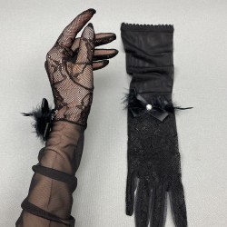 Siyah Puantiyeli Nikah Şapkası Gelin Aksesuarı Ve Siyah Uzun Dantelli Gelin Eldiveni-KEPELDIVEN-1031