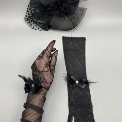 Siyah Puantiyeli Nikah Şapkası Gelin Aksesuarı Ve Siyah Uzun Dantelli Gelin Eldiveni-KEPELDIVEN-1031