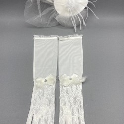 Beyaz Düz Nikah Şapkası Gelin Aksesuarı Ve Beyaz Uzun Dantelli Gelin Eldiveni-KEPELDIVEN-1032