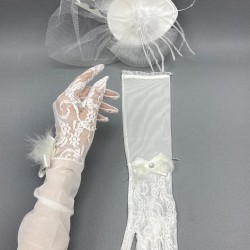Beyaz Düz Nikah Şapkası Gelin Aksesuarı Ve Beyaz Uzun Dantelli Gelin Eldiveni-KEPELDIVEN-1032