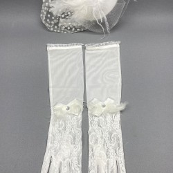 Beyaz Puantiyeli Nikah Şapkası Gelin Aksesuarı Ve Beyaz Uzun Dantelli Gelin Eldiveni-KEPELDIVEN-1033