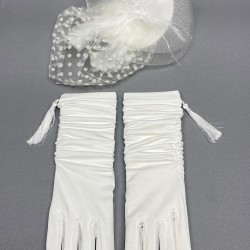 Beyaz Puantiyeli Nikah Şapkası Vualet Ve Beyaz Uzun Püsküllü Gelin Eldiveni Takımı-KEPELDIVEN-1034