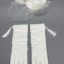 Beyaz Düz Nikah Şapkası Vualet Ve Beyaz Uzun Püsküllü Gelin Eldiveni Takımı-KEPELDIVEN-1035