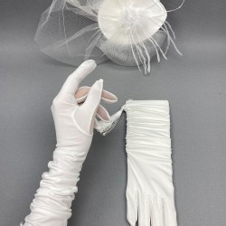 Beyaz Düz Nikah Şapkası Vualet Ve Beyaz Uzun Püsküllü Gelin Eldiveni Takımı-KEPELDIVEN-1035