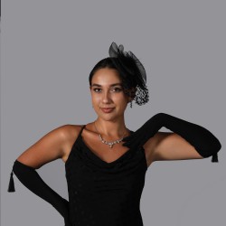 Siyah Likralı Sendi Kumaş Gelin Eldiveni Ve Siyah Puantiyeli Vualet Nikah Şapkası-KEPELDIVEN-1036