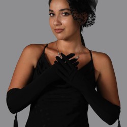 Siyah Likralı Sendi Kumaş Gelin Eldiveni Ve Siyah Puantiyeli Vualet Nikah Şapkası-KEPELDIVEN-1036