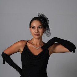 Siyah Likralı Sendi Kumaş Gelin Eldiveni Ve Siyah Düz Vualet Nikah Şapkası-KEPELDIVEN-1037