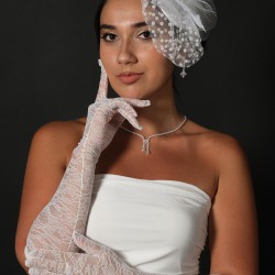 Beyaz Likralı Dantelli Uzun Boy Gelin Eldiveni Ve Puantiyeli Vualet Takımı-KEPELDIVEN-1038