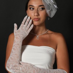 Beyaz Likralı Dantelli Uzun Boy Gelin Eldiveni Ve Düz Vualet Takımı-KEPELDIVEN-1039