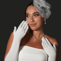 Beyaz Likralı Sendi Kumaş Gelin Eldiveni Ve Beyaz Düz Vualet Nikah Şapkası-KEPELDIVEN-1041