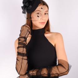 Siyah Vualet Hela Fiyonklu Nikah Şapkası Ve Gelin Eldiven Takımı-KEPELDIVEN-1042