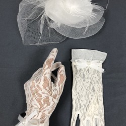 Beyaz Nikah Şapkası Ve Beyaz Dantelli Fiyonklu Gelin Eldiven Takımı-KEPELDIVEN-1043