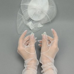 Beyaz Uzun Tüllü Gelin Eldiveni Ve Beyaz Düz Nikah Şapkası Takımı-KEPELDIVEN-1044