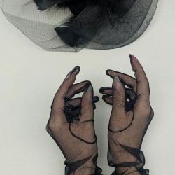 Siyah Uzun Tüllü Gelin Eldiveni Ve Siyah Düz Nikah Şapkası Takımı-KEPELDIVEN-1045