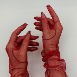 Kırmızı Uzun Tüllü Gelin Eldiveni Ve Kırmızı Puantiyeli Nikah Şapkası Takımı-KEPELDIVEN-1046