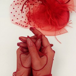 Kırmızı Uzun Tüllü Gelin Eldiveni Ve Kırmızı Puantiyeli Nikah Şapkası Takımı-KEPELDIVEN-1046