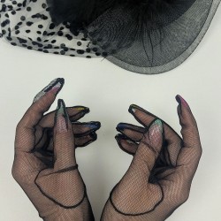 Siyah Uzun Tüllü Gelin Eldiveni Ve Siyah Puantiyeli Nikah Şapkası Takımı-KEPELDIVEN-1048