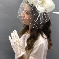 Krem Puantiyeli Gelin Kepi Gelin Aksesuarı Ve Dantelli Gelin Eldiven Takımı-KEPELDIVEN-1049