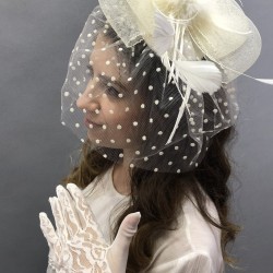 Krem Puantiyeli Gelin Kepi Gelin Aksesuarı Ve Dantelli Gelin Eldiven Takımı-KEPELDIVEN-1049