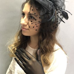 Siyah Tüllü Fiyonklu Gelin Eldiveni Ve Siyah Puantiyeli Gelin Kep Takımı-KEPELDIVEN-1051