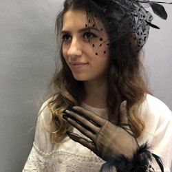 Siyah Tüy Detaylı Puantiyeli Gelin Eldiveni Ve Siyah Puantiyeli Gelin Kep Takımı-KEPELDIVEN-1054