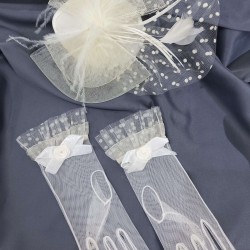 Krem Puantiyeli Gelin Kepi Ve Büyük Fiyonklu Tül Gelin Eldiven Takımı-KEPELDIVEN-1056