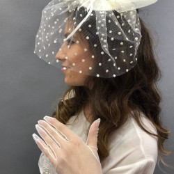 Krem Puantiyeli Gelin Kepi Ve Büyük Fiyonklu Tül Gelin Eldiven Takımı-KEPELDIVEN-1056