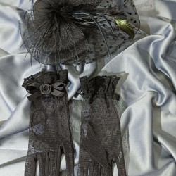 Siyah Puantiyeli Gelin Vualet Ve Puanlı Fiyonklu Eldiven Takımı-KEPELDIVEN-1057