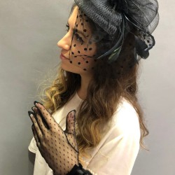 Siyah Puantiyeli Gelin Vualet Ve Puanlı Fiyonklu Eldiven Takımı-KEPELDIVEN-1057