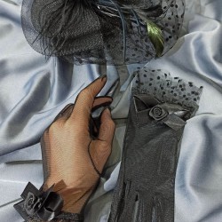 Siyah Puantiyeli Gelin Vualet Ve Büyük Fiyonklu Eldiven Takımı-KEPELDIVEN-1058