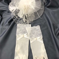 Beyaz Puantiyeli Gelin Aksesuarı Ve Beyaz Tüllü Dantelli Fiyonklu Gelin Eldiveni-KEPELDIVEN-1060