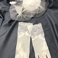 Beyaz Vualet Gelin Aksesuarı Ve Beyaz Tüllü Dantelli Fiyonklu Gelin Eldiveni-KEPELDIVEN-1061