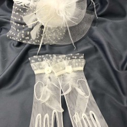 Beyaz Tüylü Gelin Eldiveni Ve Beyaz Puantiyeli Gelin Kep Takımı-KEPELDIVEN-1062