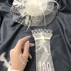 Beyaz Tüylü Gelin Eldiveni Ve Beyaz Puantiyeli Gelin Kep Takımı-KEPELDIVEN-1062