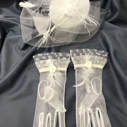 Beyaz Tüylü Gelin Eldiveni Ve Beyaz Düz Tüllü Gelin Kep Takımı-KEPELDIVEN-1063